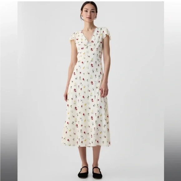 GAP x Doen Cream White Floral Midi Dress Cap Sleeves V Neck Size 14 - Picture 1 of 6